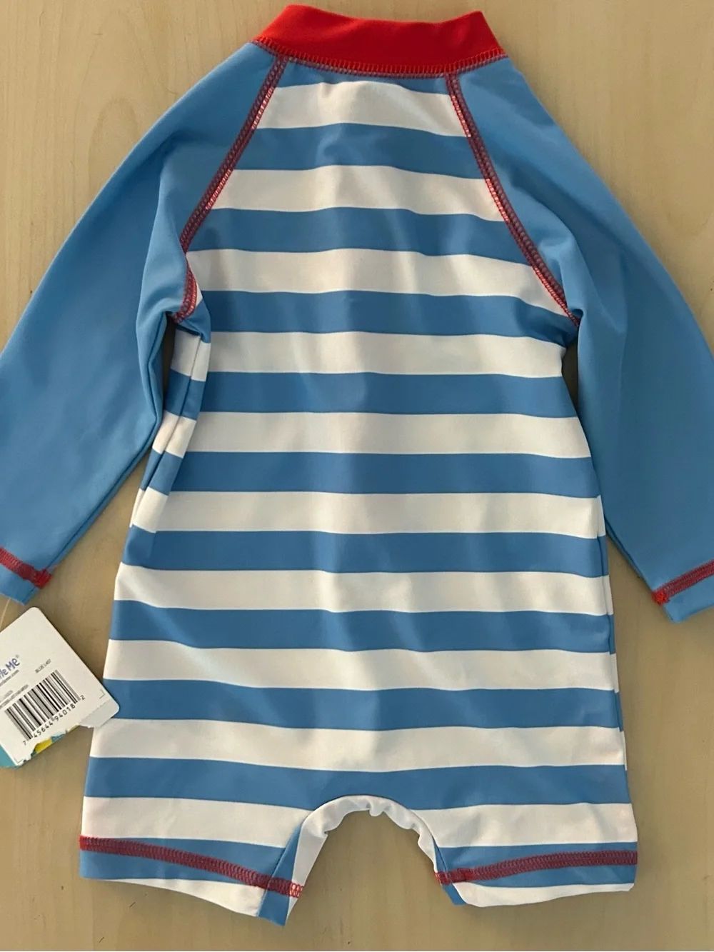 NWT Little Me Blue & White Striped Kids Long-Sleeve Swim Suit with Red Trim